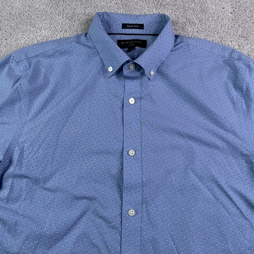Banana Republic Shirt Mens Large Blue Geometric Slim Fit Non‎ Iron Button Up